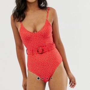 ASOS New Look belted swimsuit in red polka dot